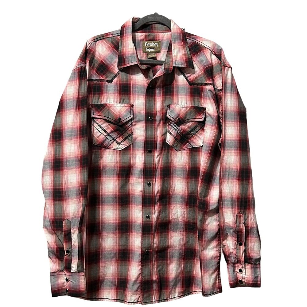 Cowboy Legend men’s sz 2XLT cotton blend red plaid chest pocket pearl snap shirt